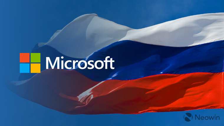 A Microsoft logo in front of a flag of Russia