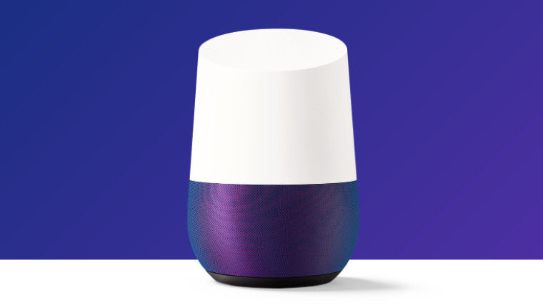 A Google Home device in front of a purple blue background