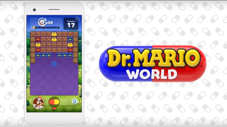 A screenshot of Dr Mario World running on mobile on the left with the logo on the right