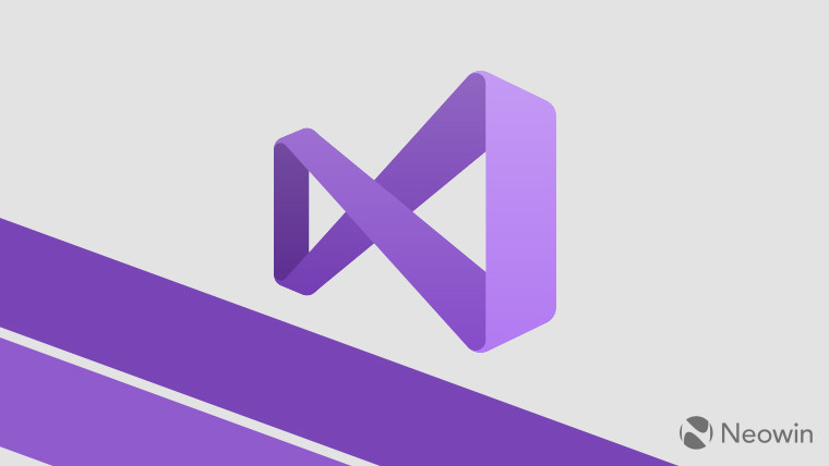 Visual Studio logo on a light background with purple stripes underneath