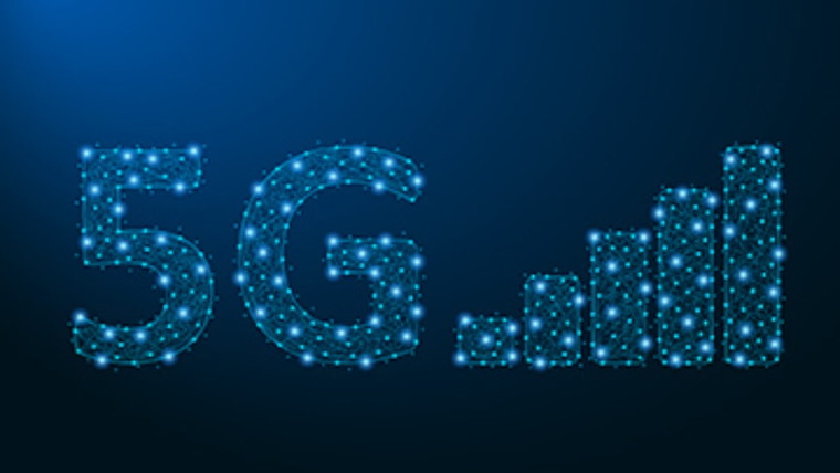 5G logo with network strength bars on a dark blue background