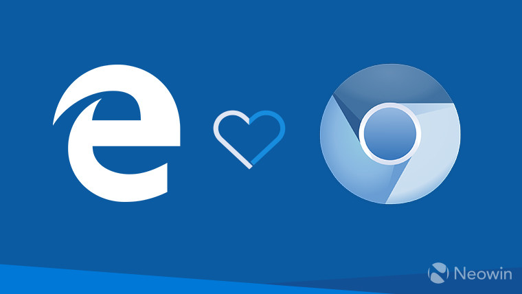 Edge Legacy logo and Chromium logo joined by heart shape with blue background