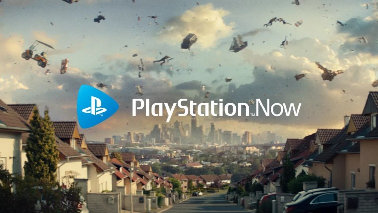 A graphic of PlayStation Now with a game in the background