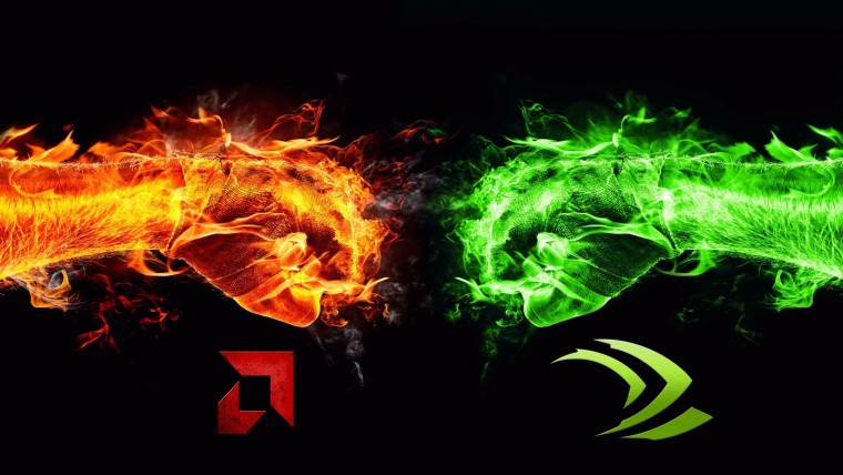 A red and a green fist clashing with each other with AMD and Nvidia logos below them