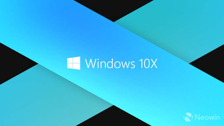 Windows 10X text and logo on blue stripes with black background