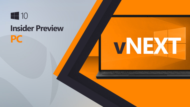 Windows 10 logo next to a laptop with the vNext text inside, on a grey and orange background