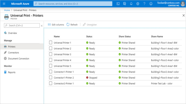 Microsoft Universal Print dashboard on Azure