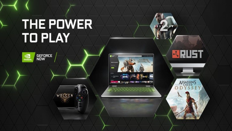 GeForce Now logo next to multiple devices running games on the service