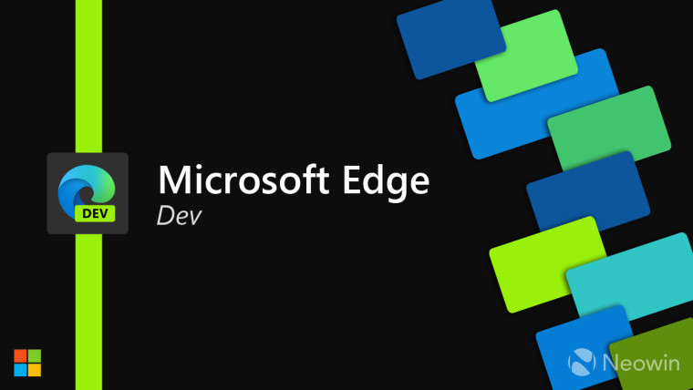 Microsoft Edge Dev logo and text next to colorful squares on a black background