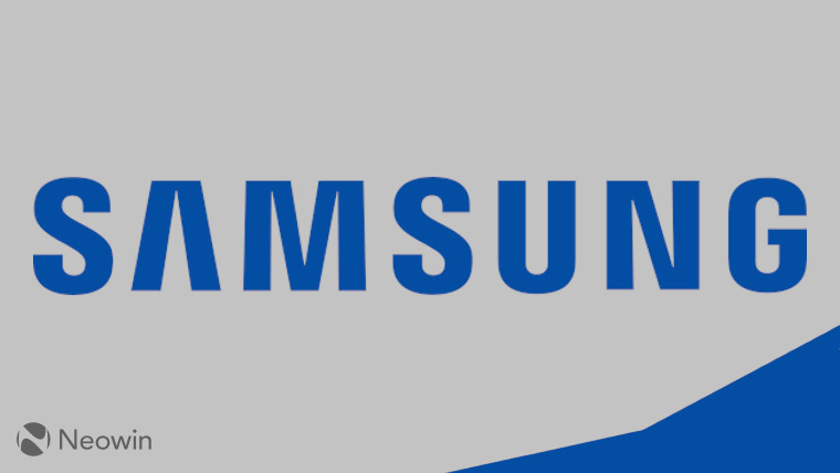 The Samsung logo on a grey and blue background