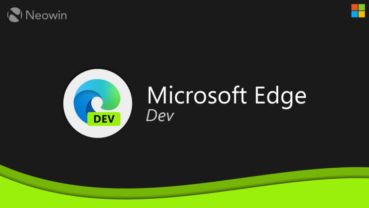 Microsoft Edge Dev logo and text on a dark background above a green wave design