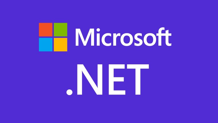 Microsoft logo and icon with Dot NET written below on a blue background