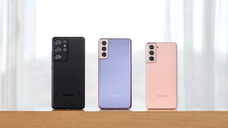 Rear view of the Galaxy S21 series in different colors