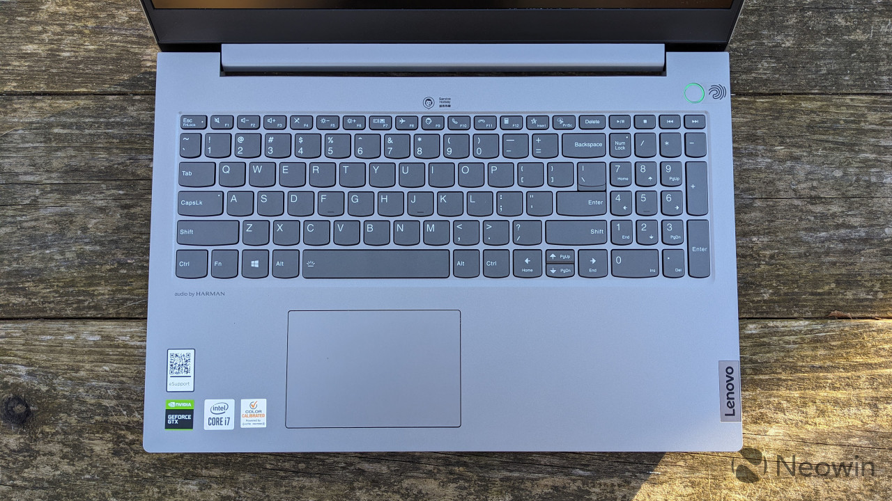 Top-down view of the keyboard and touchpad on Lenovo ThinkBook 15p