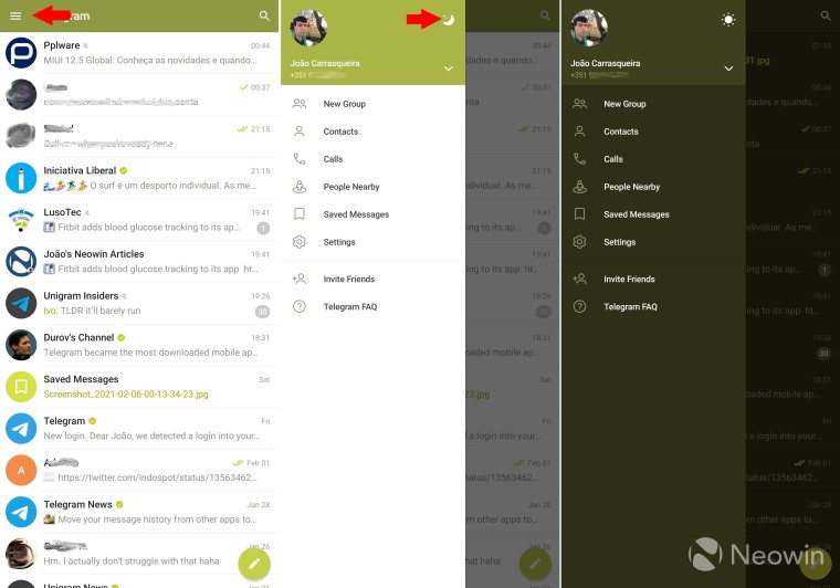 Three screenshots showing how to enable dark mode in Telegram for Android