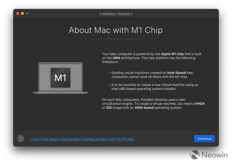 Screenshot with text describing Mac on an M1 chip