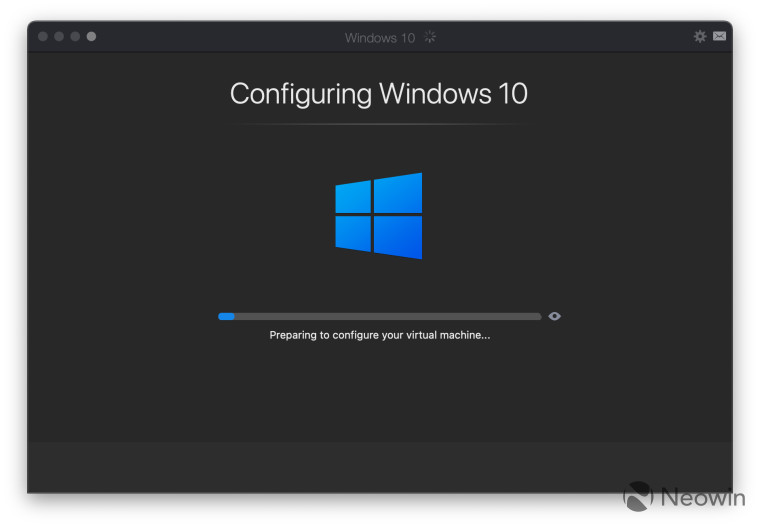 Screenshot of Parallels configuring Windows 10