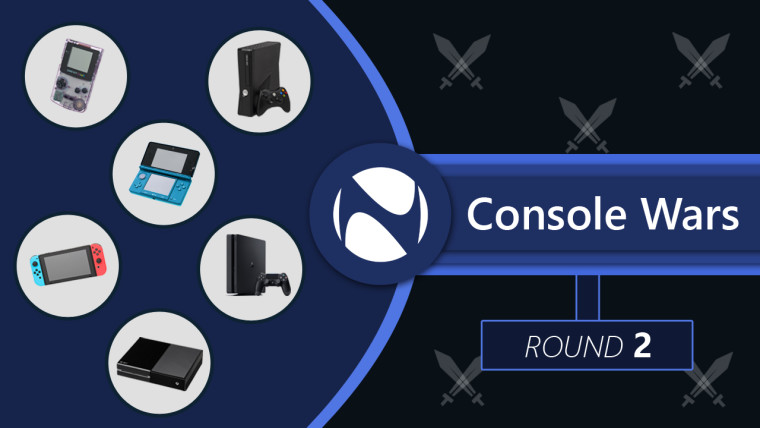 Xbox, Nintendo, and Sony console images inside circles with Console Wars written