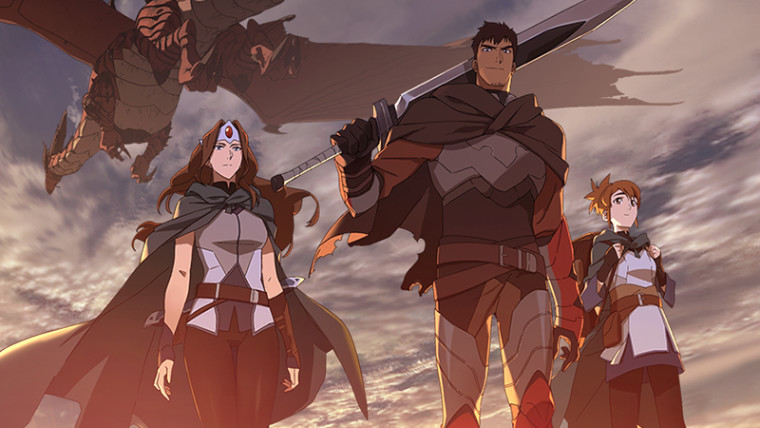 Image from Dota Dragons Blood anime showing Davion and rest of the main cast