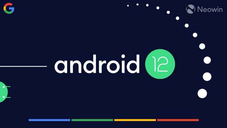 Android 12 logo with 12 dots around it along with the Google logo