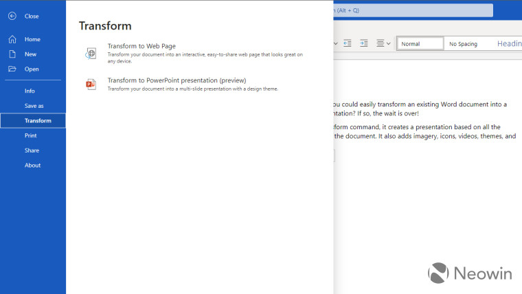 An option on Microsoft Word to transform files to PowerPoint