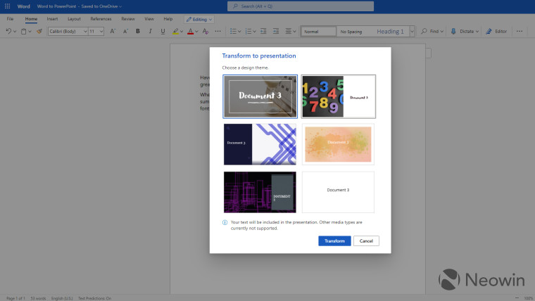 Automatic PowerPoint theme options in Word for the web