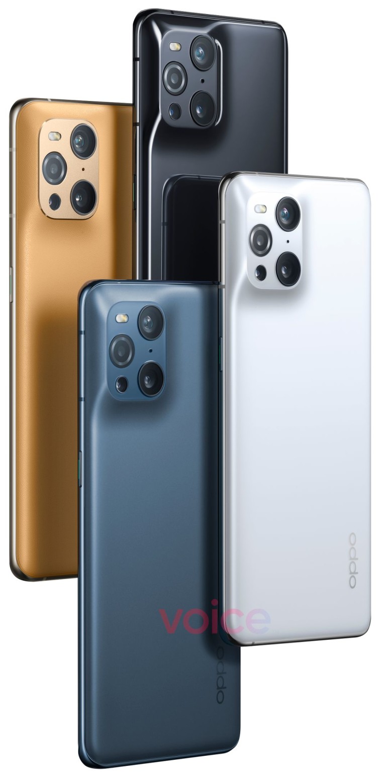 The OPPO Find X3 Pro in white black navy and golden color options