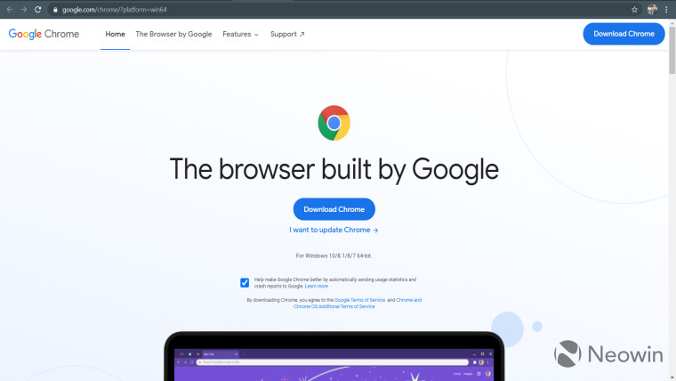 The homepage to download or update Google Chrome