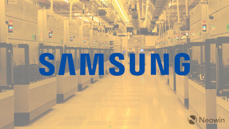 The Samsung logo with a Samsung factory in the background