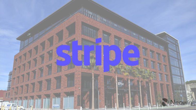 The Stripe logo with the company&039s HQ in the background