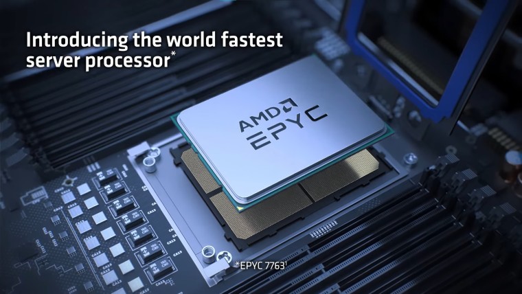 Render of a third-generation Epyc processor with text labelling as the fastest in the world