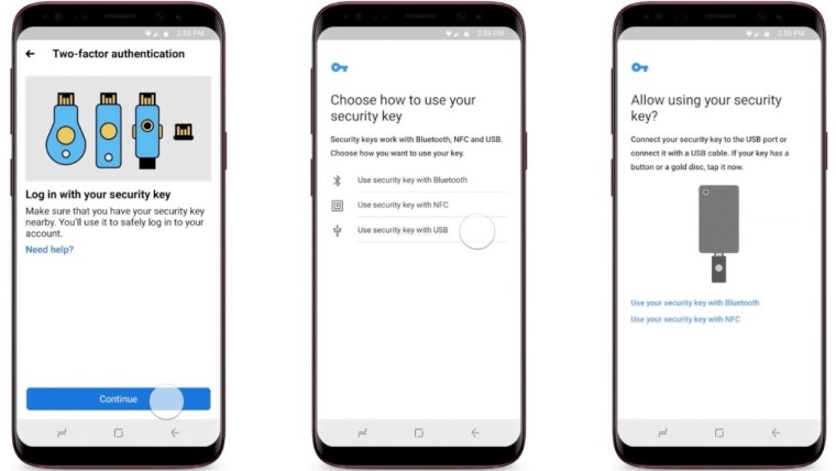 Three screenshots showing how to use a security key to log into Facebook