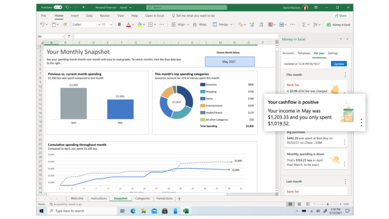 Demo if Money in Excel showing insights