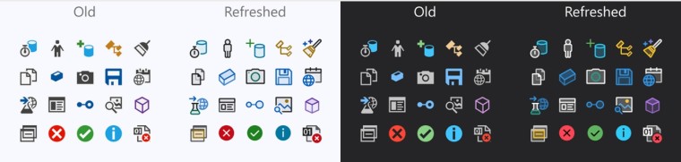 Comparison between the icons in Visual Studio 2019 and Visual Studio 2022 in light and dark modes