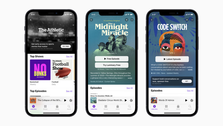 The interface of Apple&039s new Podcasts subscription service showing its partners like The Athletic