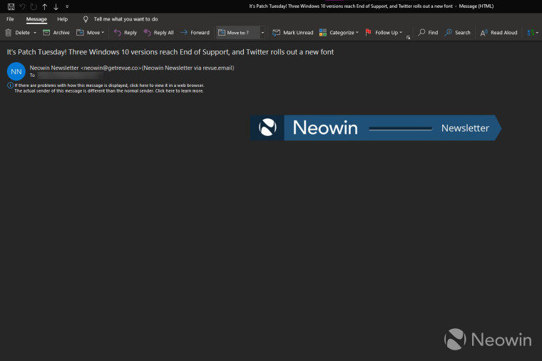 Outlook desktop app bug displaying a blank email from Neowins Newsletter