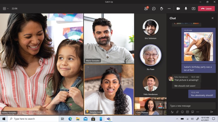 A group video call and chat shown side by side in Teams