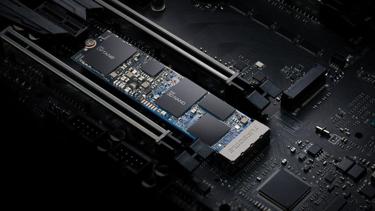 An Intel Optane Memory H20 with SSD stick installed on a motherboard