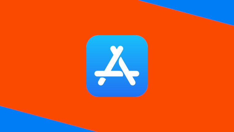 The Apple App Store logo on an orange and blue background