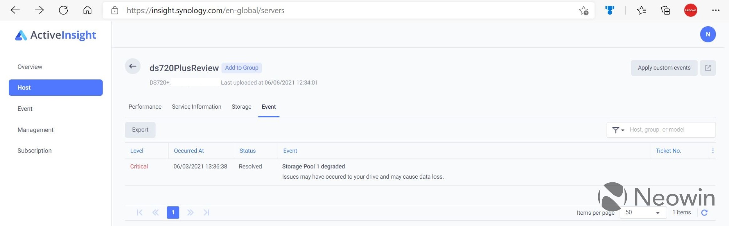 Synology Active Insight event view of a host