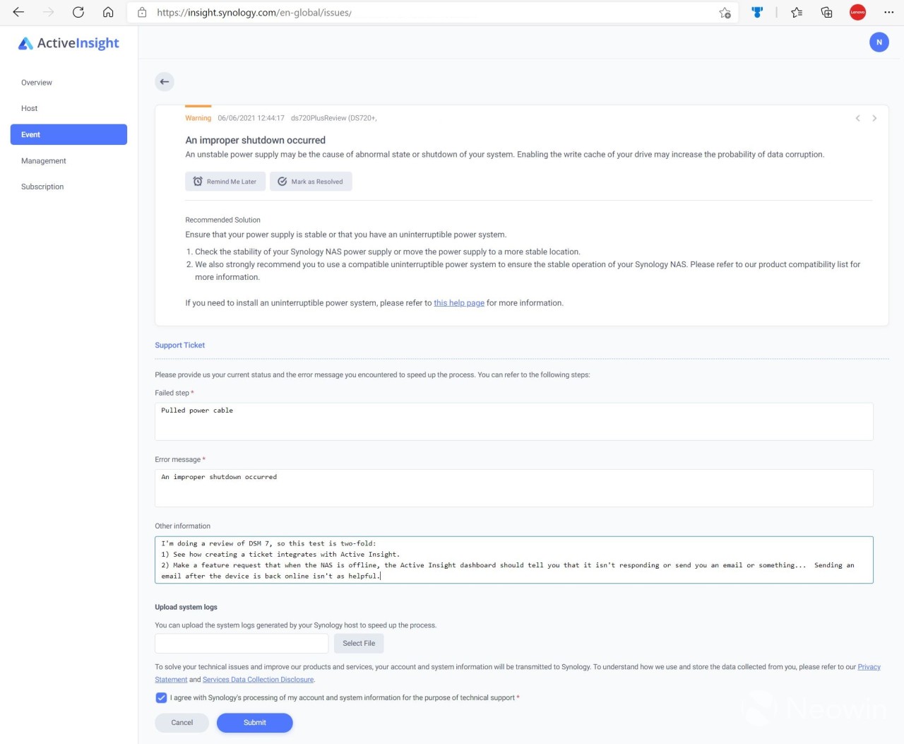 Submitting a ticket in Synology Active Insight screen