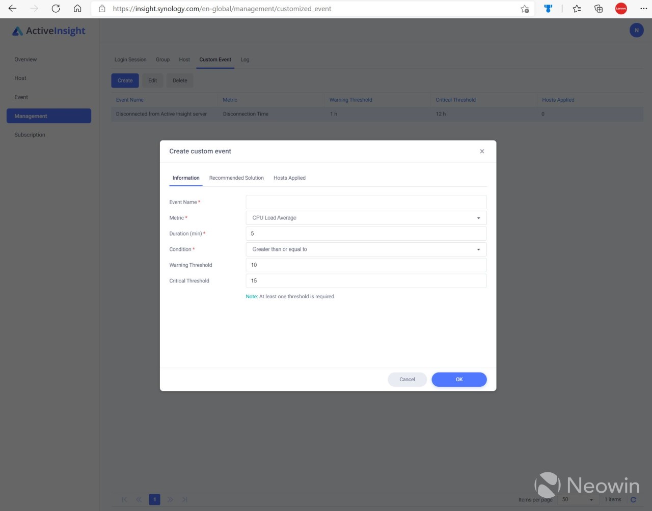 Synology Active Insight configuring a management alert