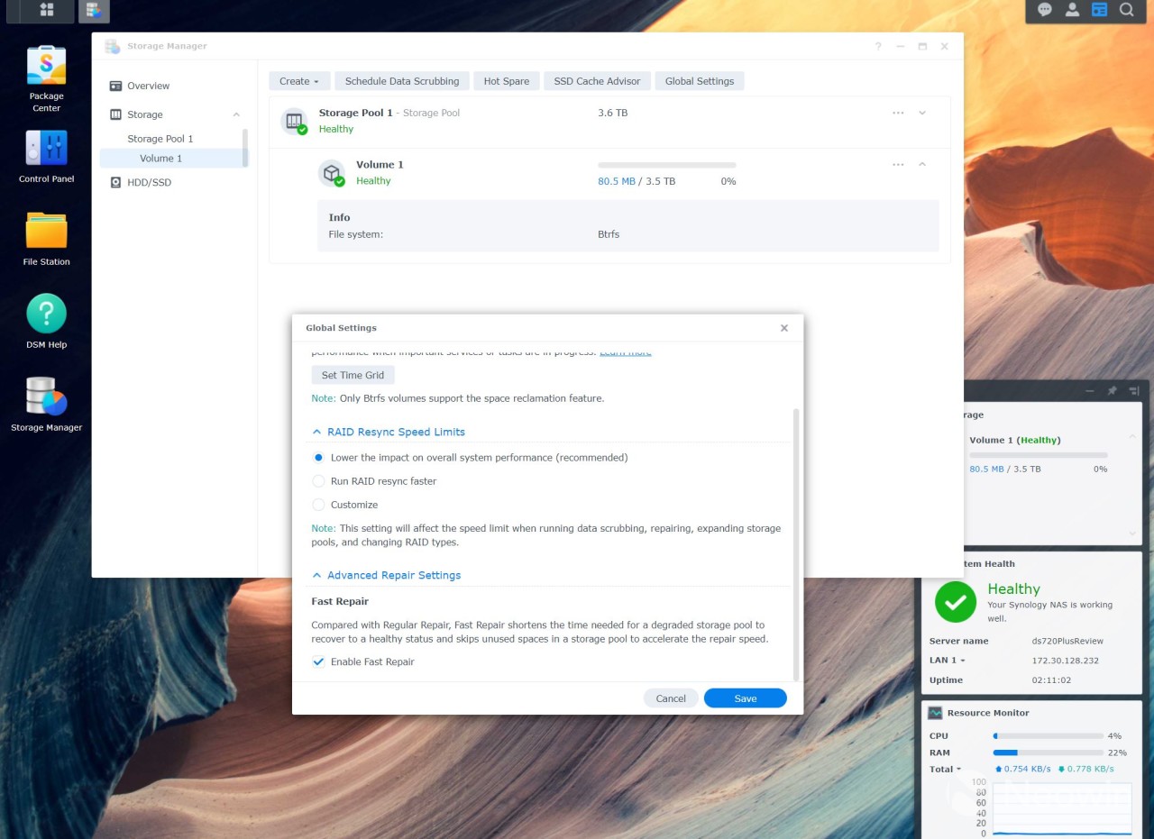 Synology DSM 7 view showing Fast Repair enabled