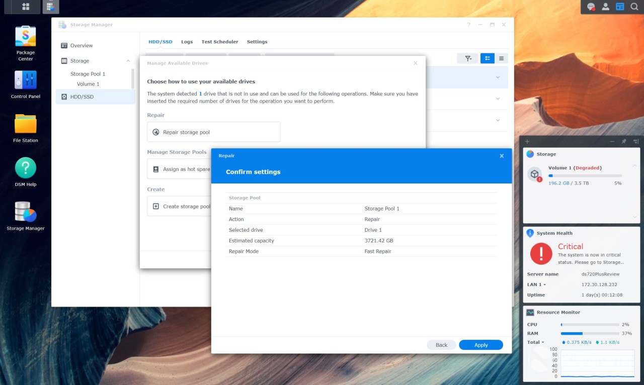 Synology DSM 7 storage manager repair dialog box