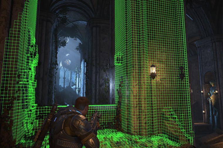 A screenshot of a Gears game with Project Acoustics 3D mesh formed on the environment