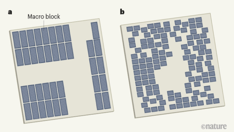 Two different CPU floorplan designs left one by human the right one by AI