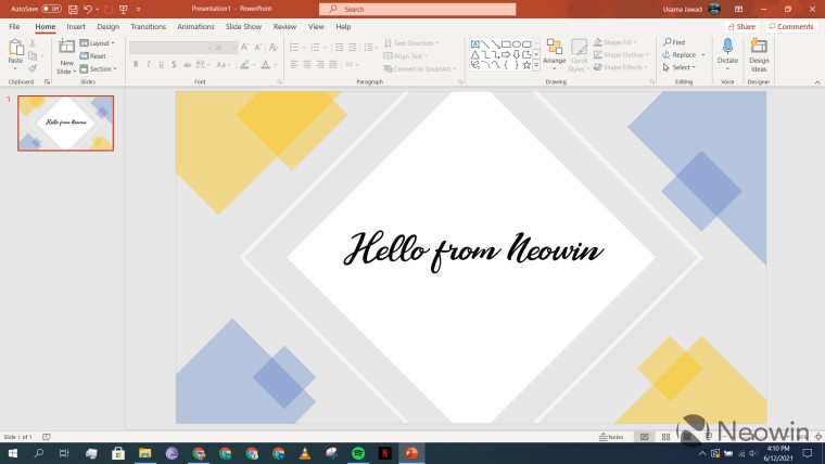 A Microsoft PowerPoint slide deck with Hello from Neowin written in a custom font