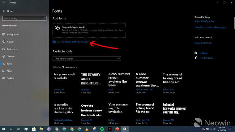 The Fonts setting in Windows 10