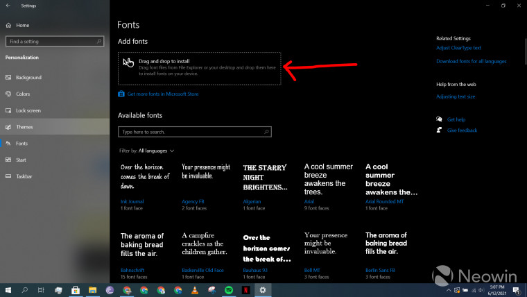 The Windows 10 Settings page for Fonts