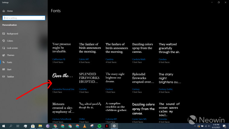 A screenshot of the fonts list in Windows 10 Personalization page